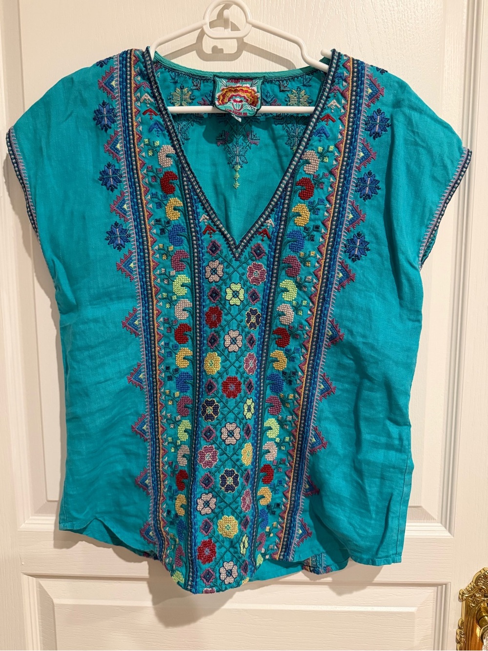 JOHNNY WAS Embroidered V-Neck Peasant Top - Turquoise / Size XS /